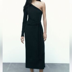 Zara One Arm Asymmetrical Longsleeve long Dress Black XS Nwt